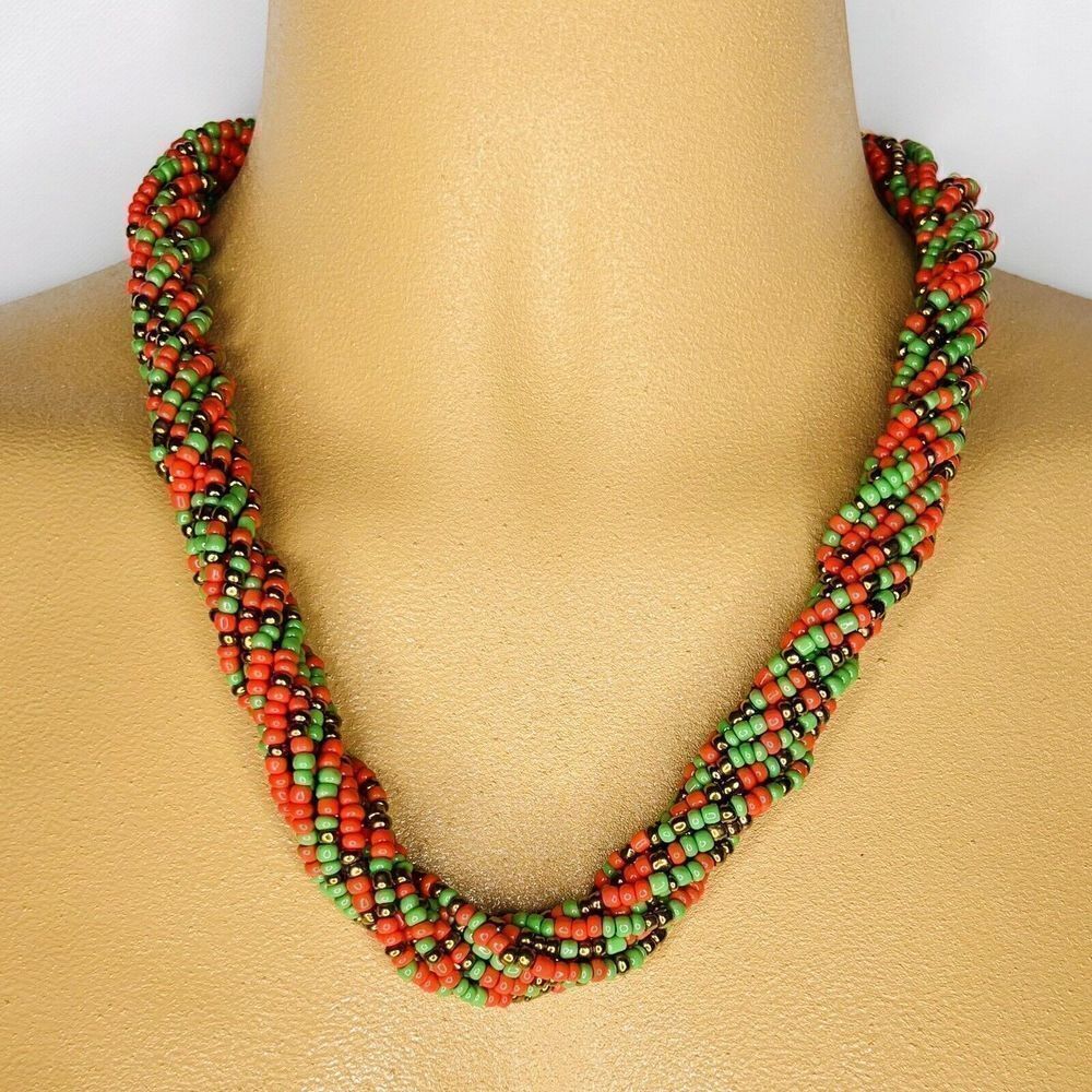 Vintage Necklace Mixed Beads Green Red Bronze Multi Strand Beaded Colorful 4760